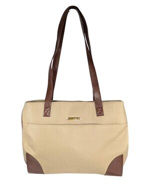Evan Picone Vintage Tan Coated Neoprene Brown Faux Leather Large Work Tote Bag